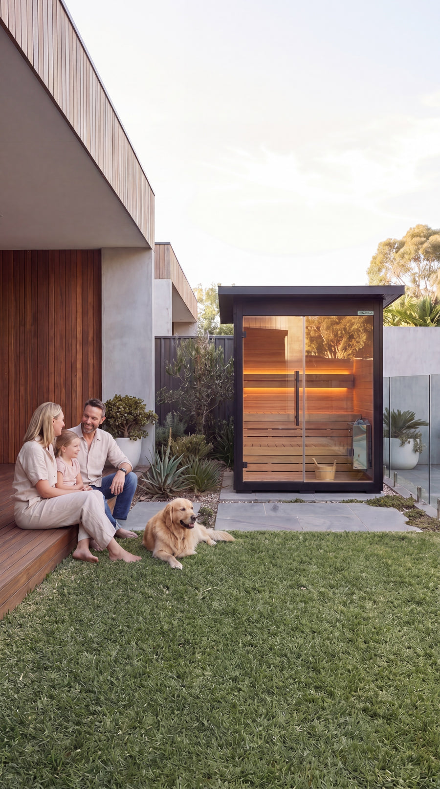 Mobile hero image of a Swell outdoor sauna and pool for Australian family wellness