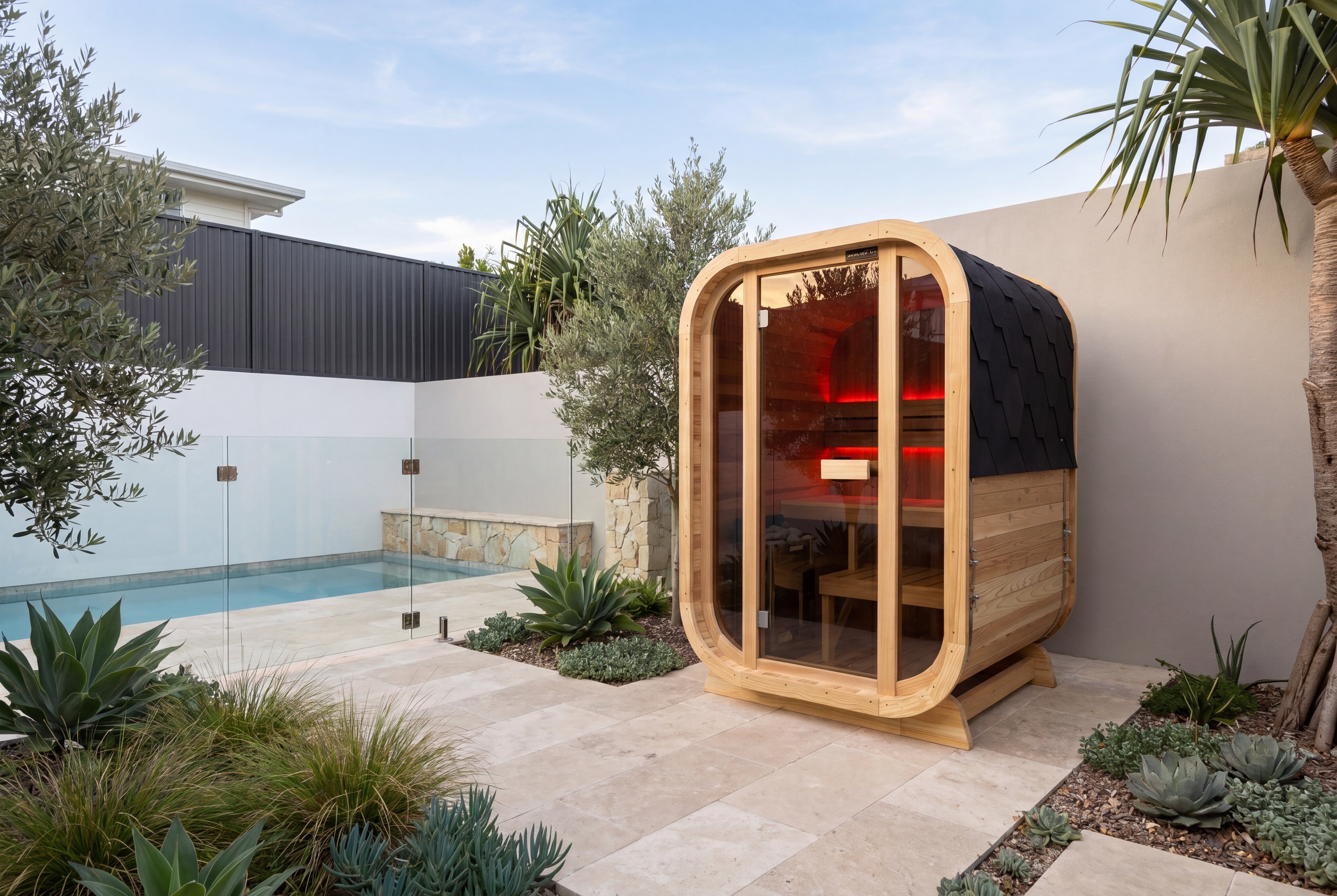 Cedar Cube 2 outdoor sauna beside pool in premium Australian backyard cedar sauna setup