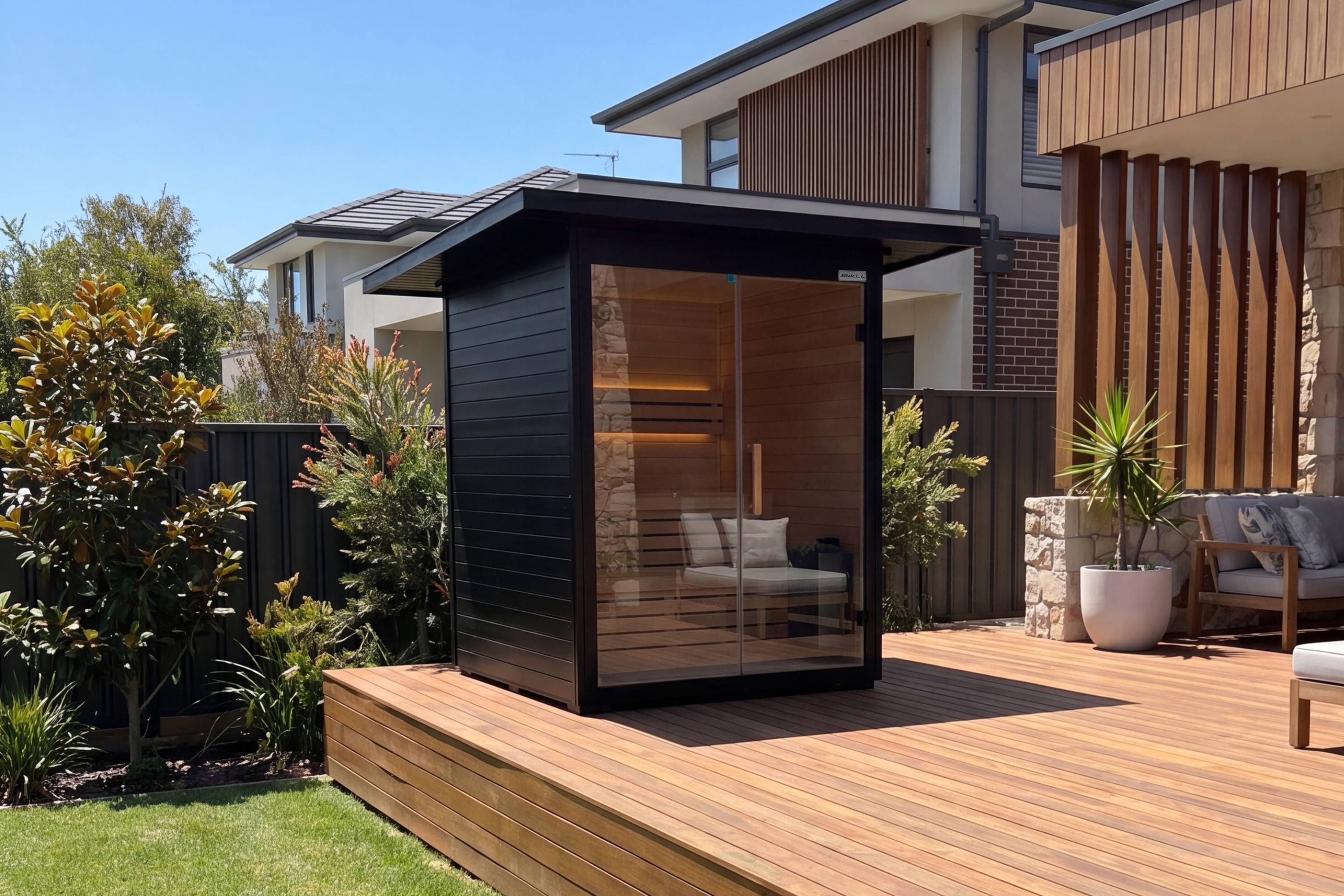 Swell Black Eco 4 four-person black outdoor sauna on modern backyard deck
