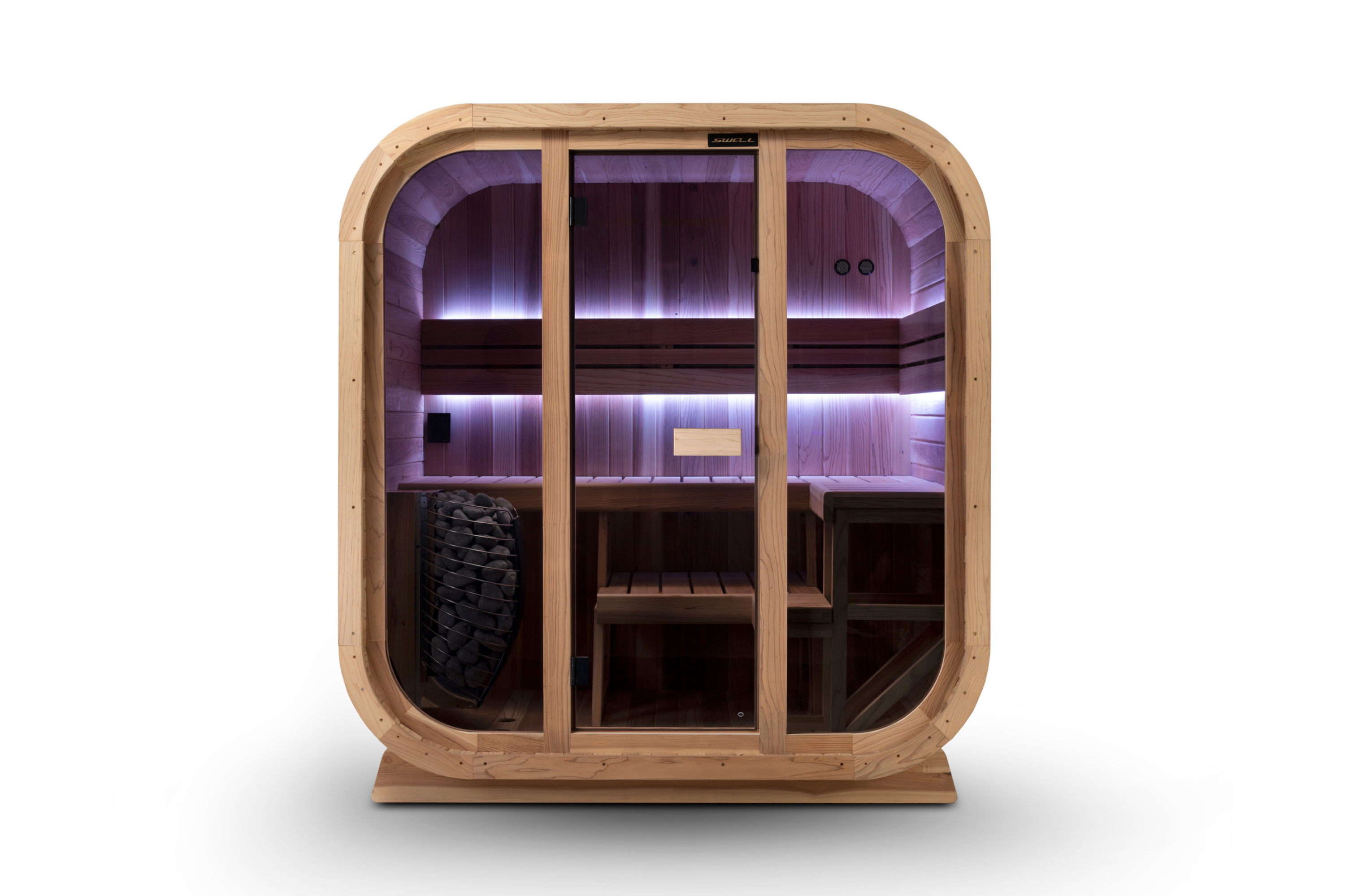 Swell Cedar Cube 4 front view showing illuminated benches and a glass door with timber handle