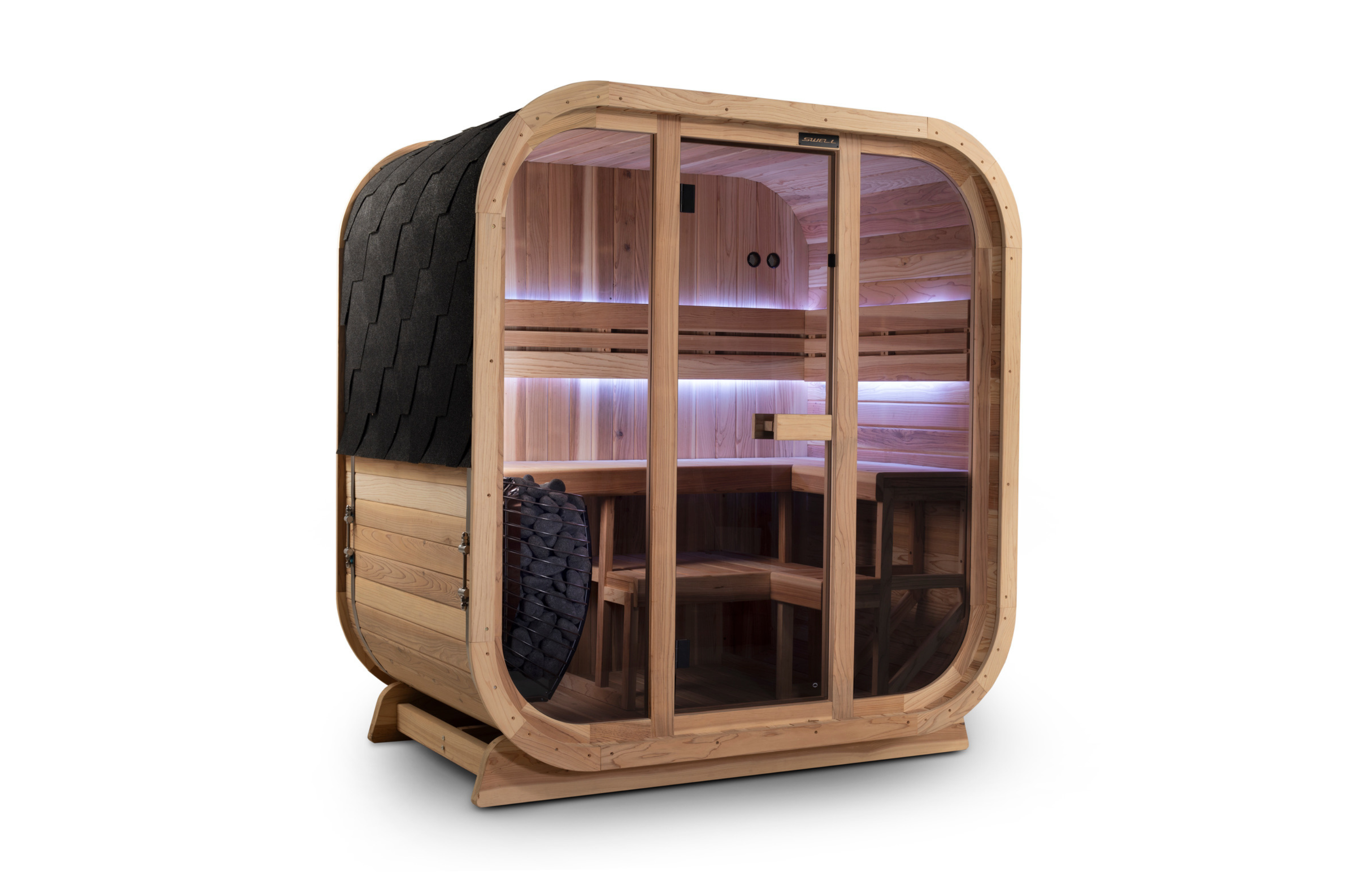 Angled view of a Swell Cedar Cube 4 sauna with purple lighting and stone-filled heater