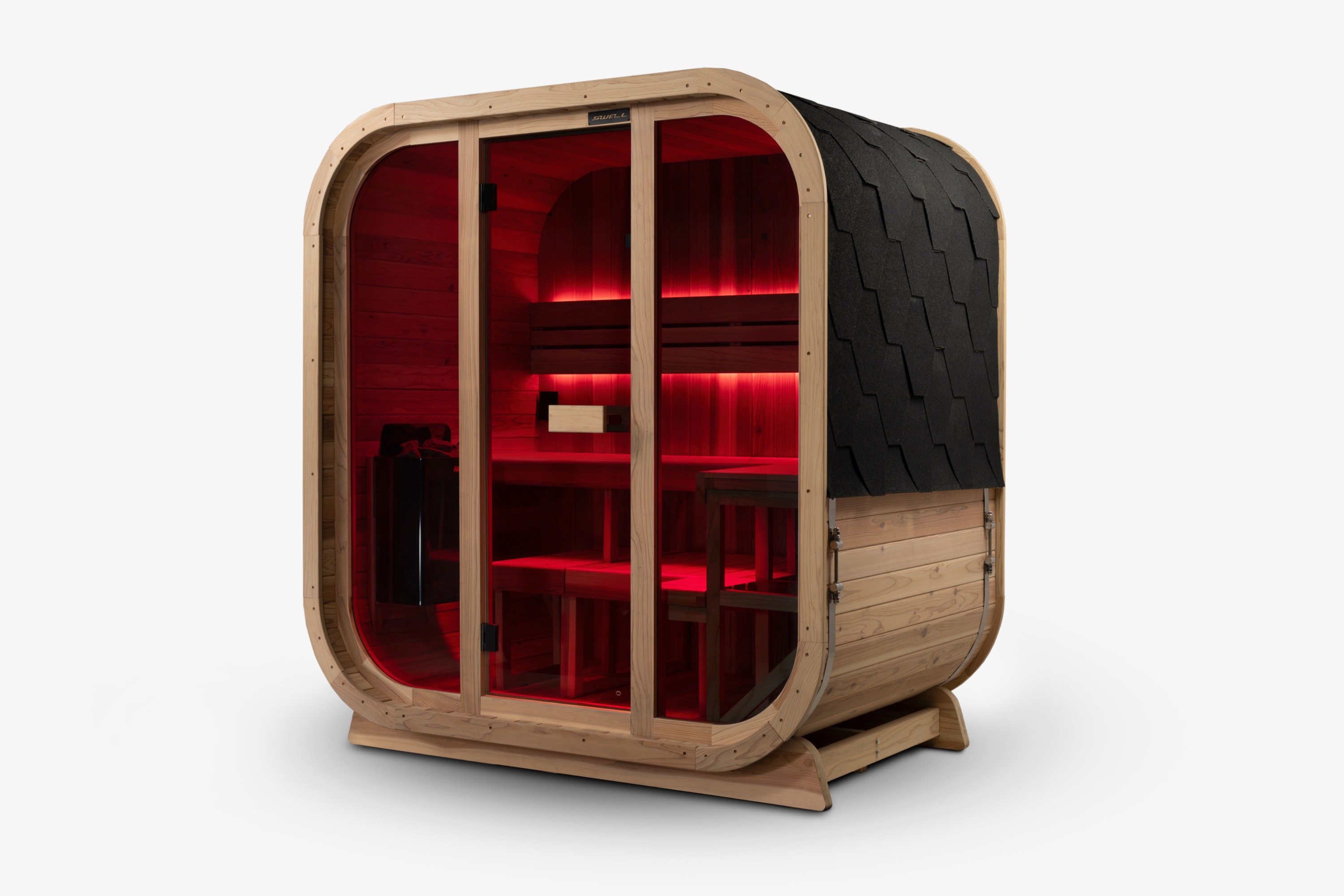 Swell Cedar Cube 4 glass-front sauna with red lighting and visible timber side panels
