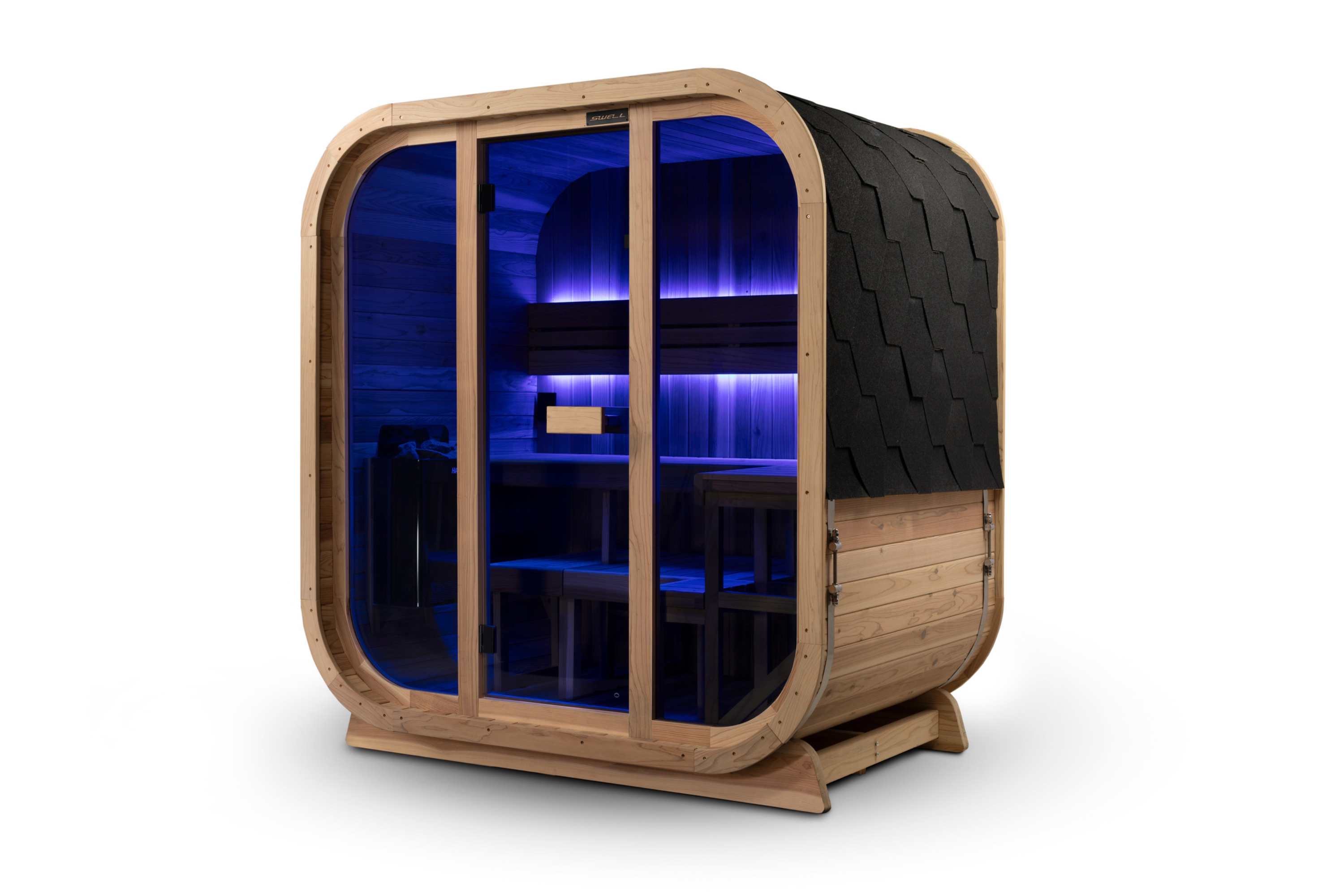 Swell Cedar Cube 4 outdoor sauna with blue lighting, timber side panels and black shingle roof