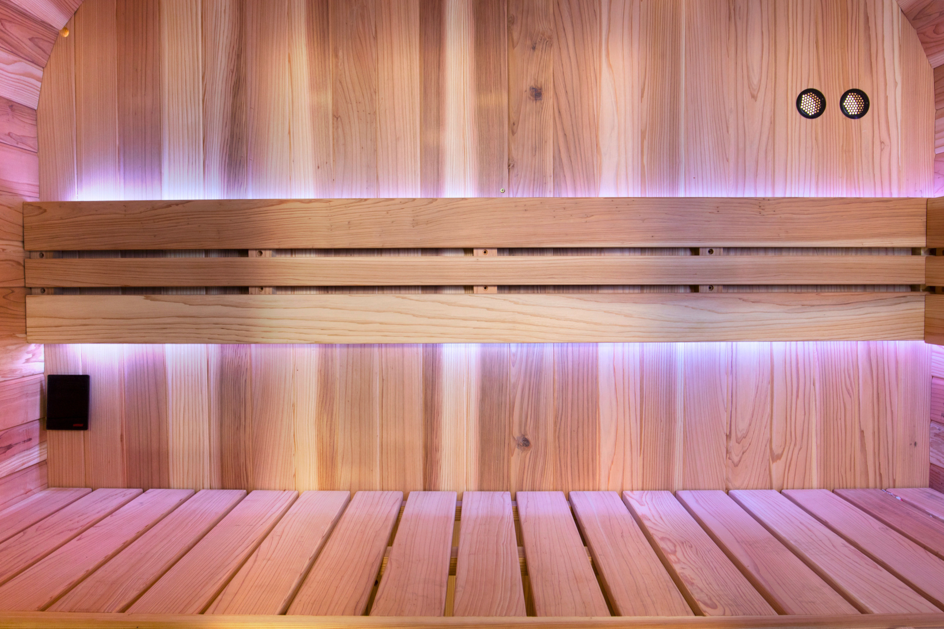 Swell Cedar Cube 4 timber bench, backrest and wall gauges with purple accent lighting