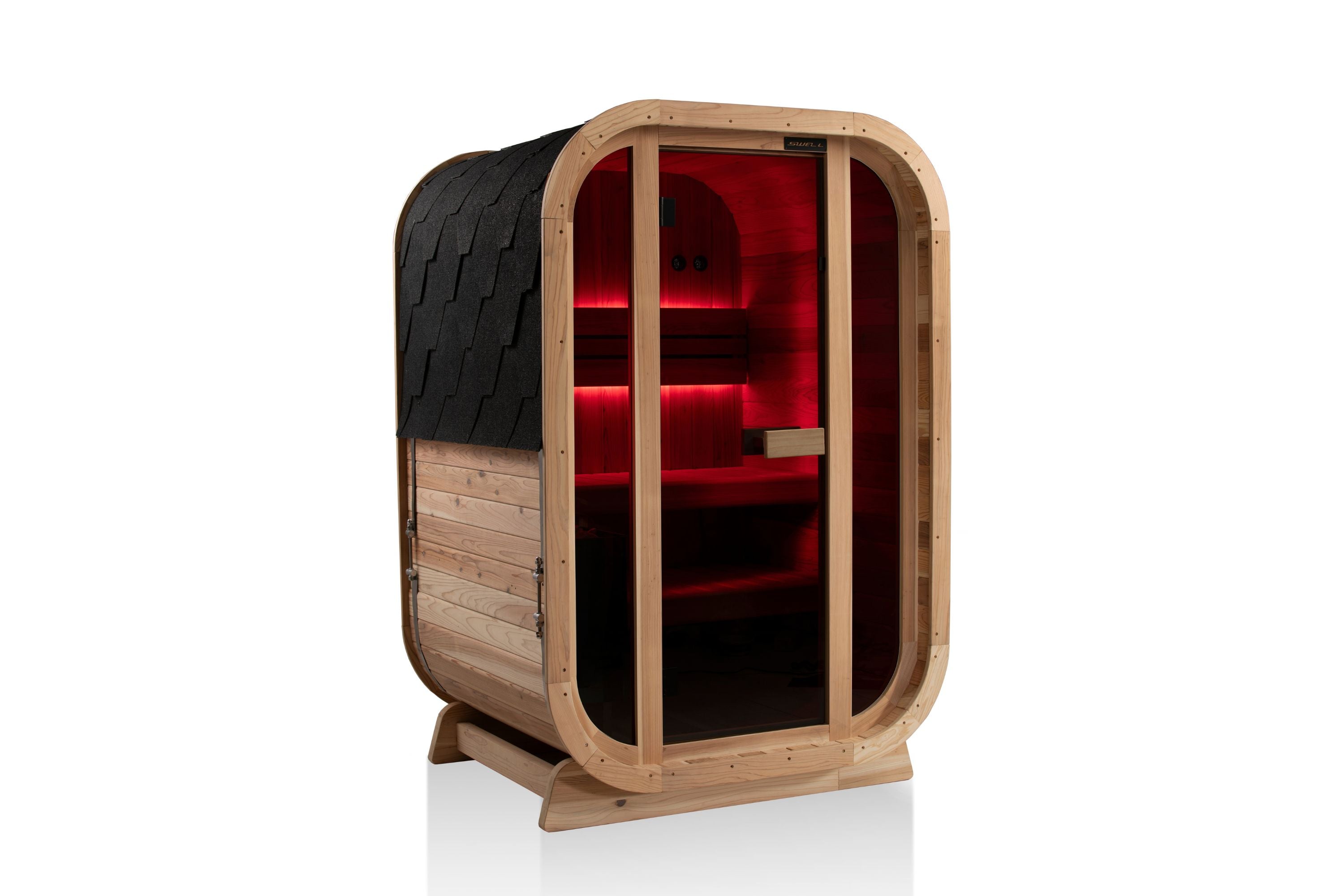 Swell Cedar Cube 2 outdoor sauna with red interior lighting and black roof shingles