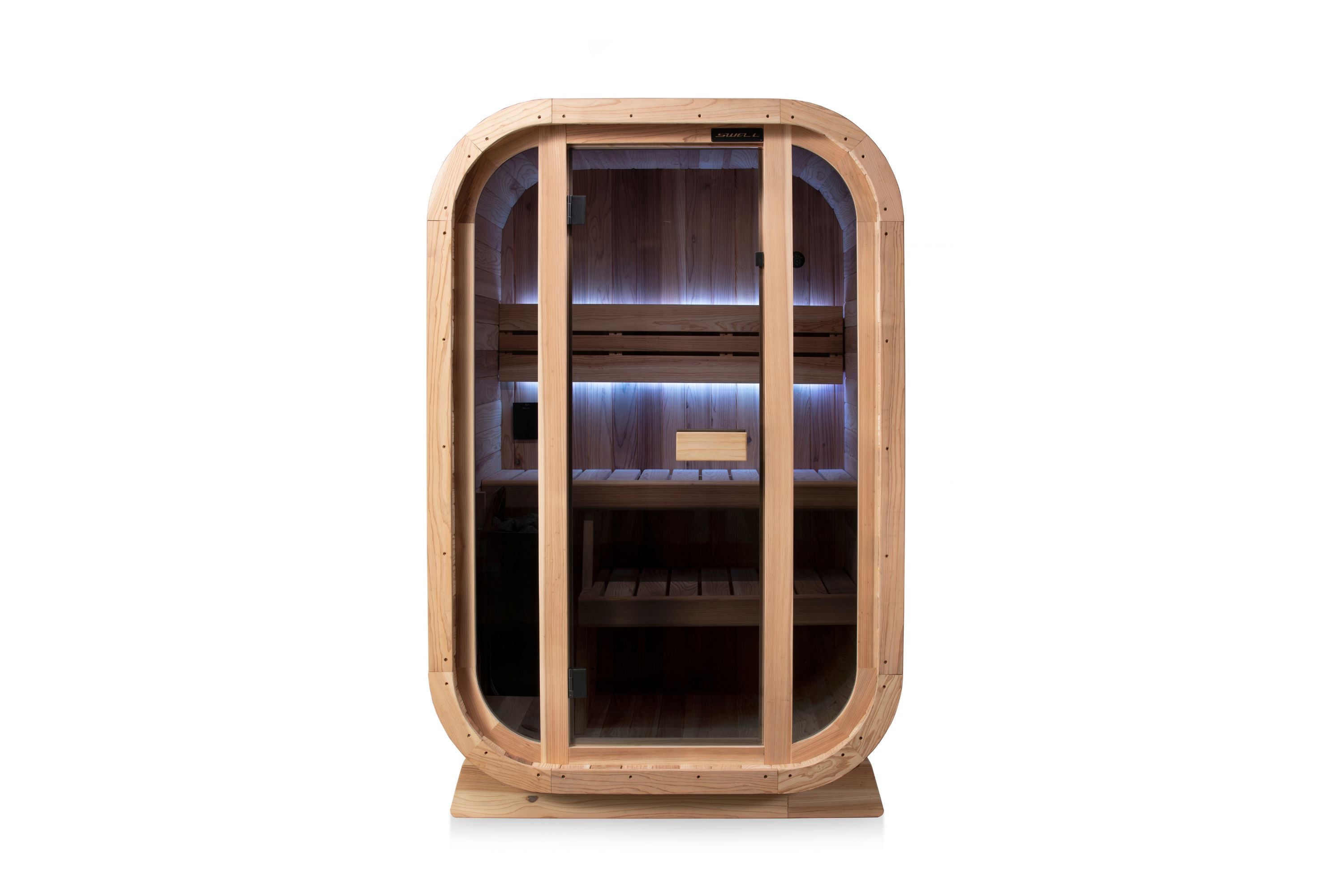 Swell Cedar Cube 2 front view showing timber frame, glass door and illuminated benches
