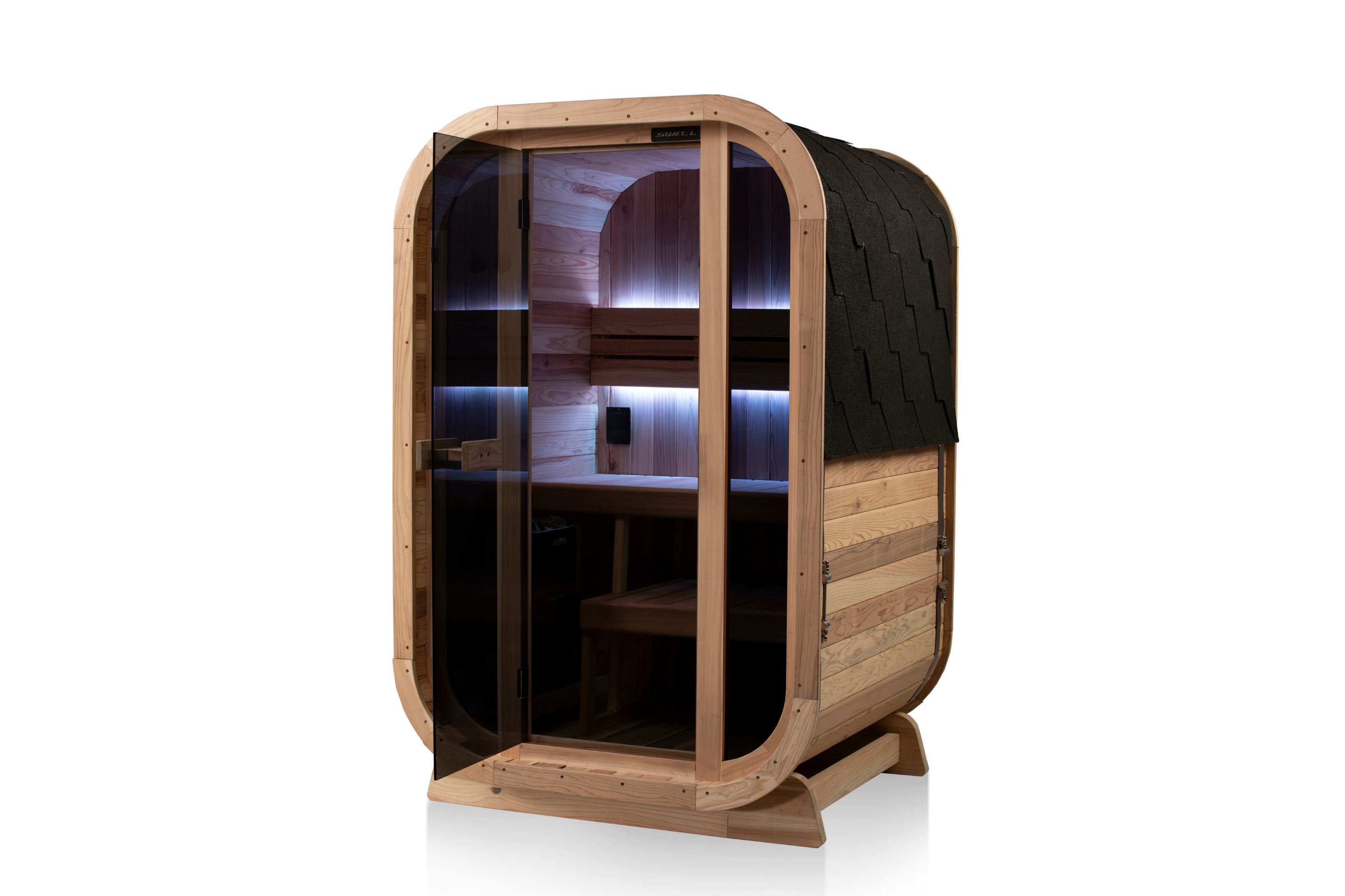 Swell Cedar Cube 2 glass-front sauna with purple lighting, timber side panels and black shingle roof