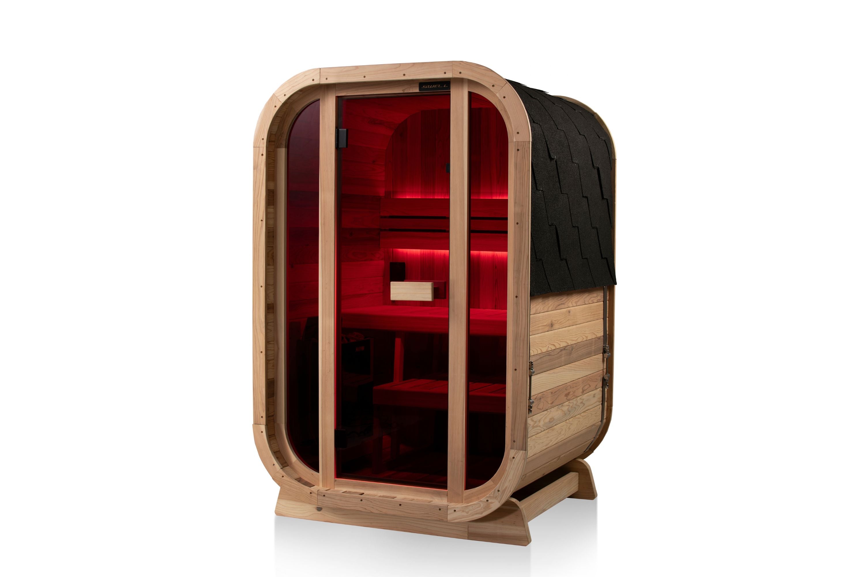 Angled view of a Swell Cedar Cube 2 sauna with red lighting and visible timber side panels