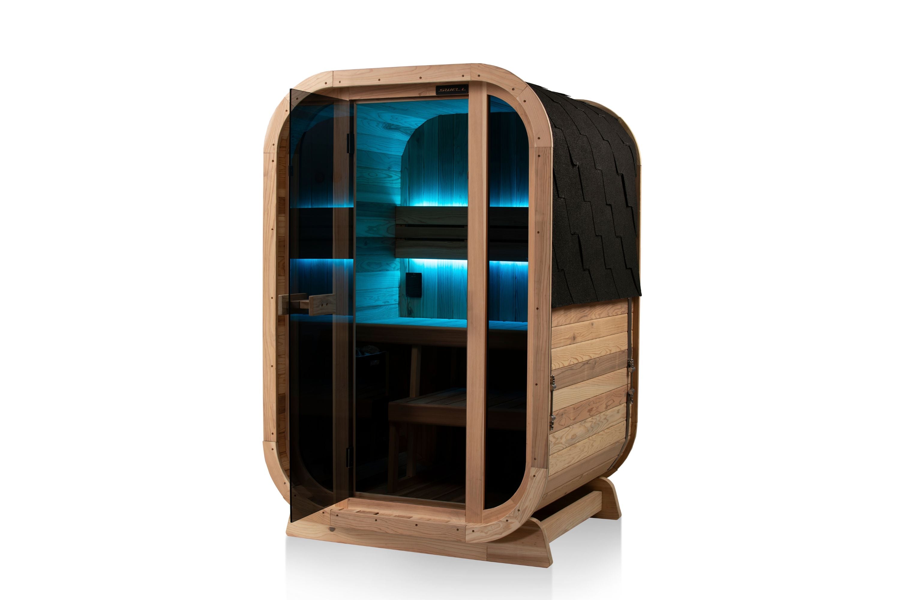 Swell Cedar Cube 2 sauna with blue interior lighting and glass front