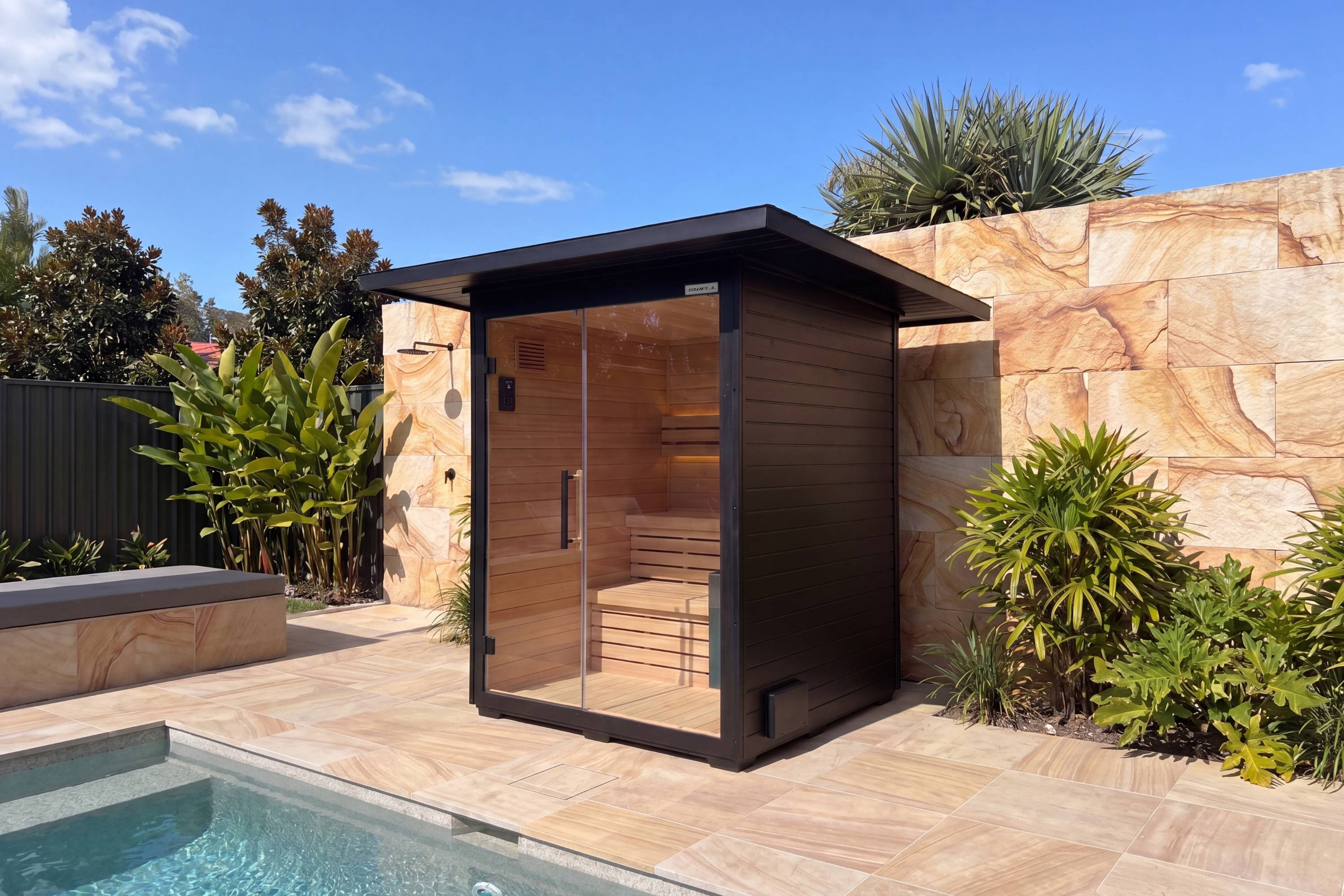 Swell Black Eco 4 outdoor sauna beside swimming pool on landscaped backyard patio
