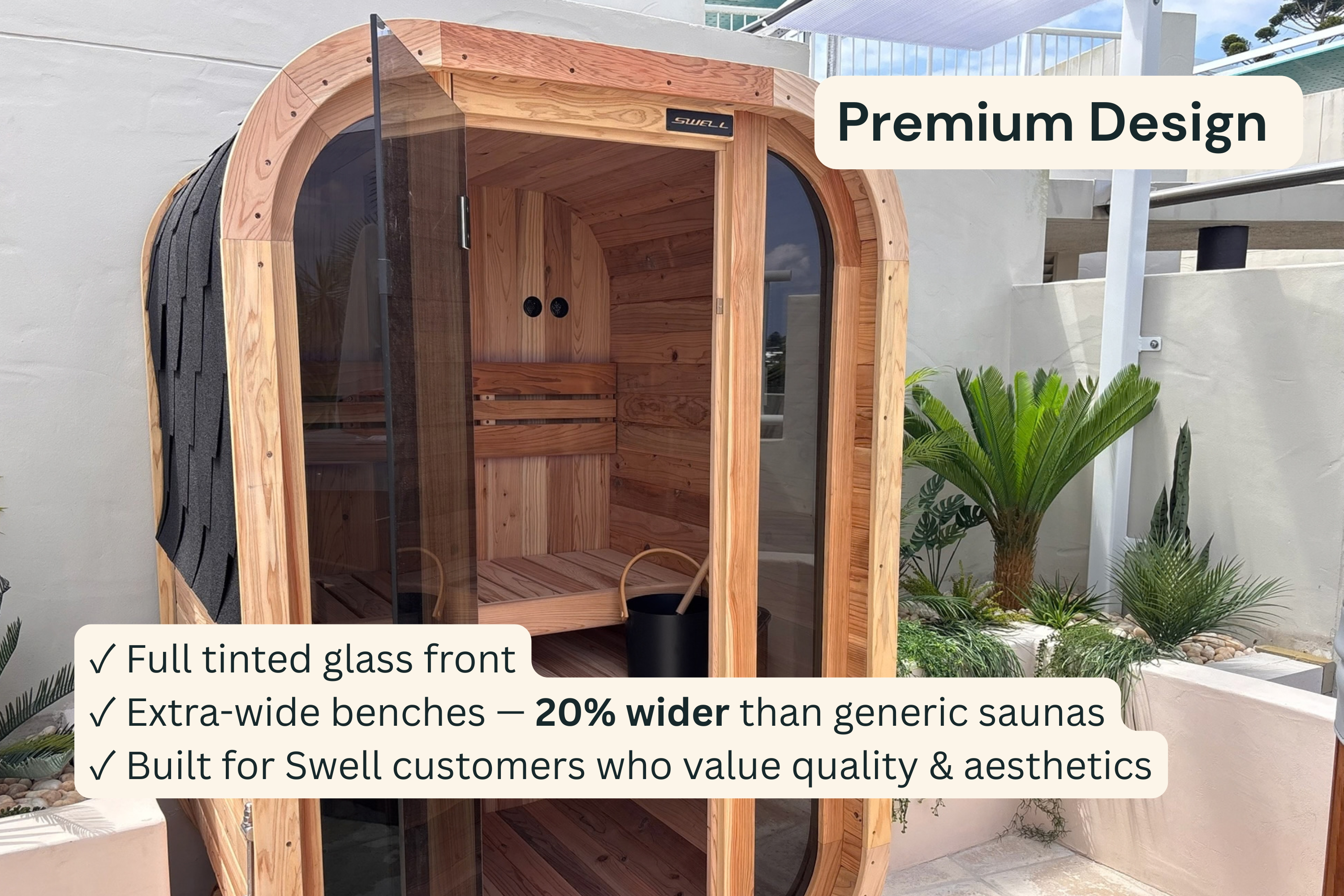 Swell Cedar Cube 2 outdoor sauna design graphic highlighting its glass front and wide benches