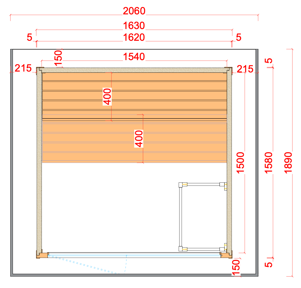 Swell Black Eco 4 outdoor sauna floor plan – 2060 x 1890 mm roof footprint and internal layout