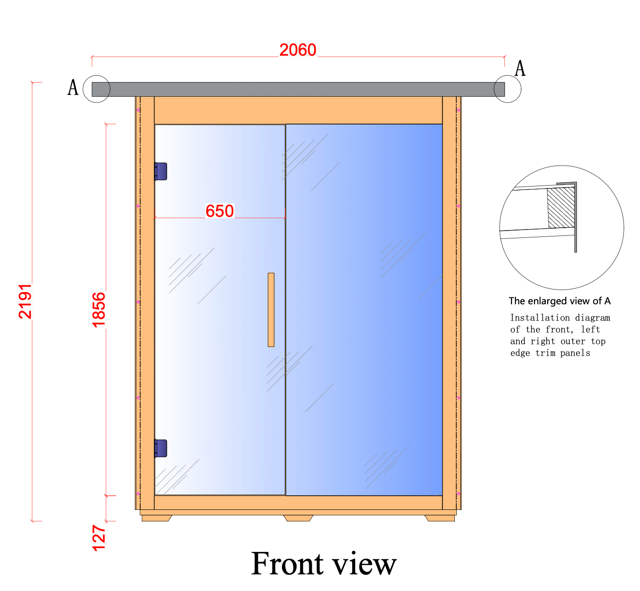 Swell Black Eco 4 outdoor sauna front elevation – 2060 mm wide technical drawing