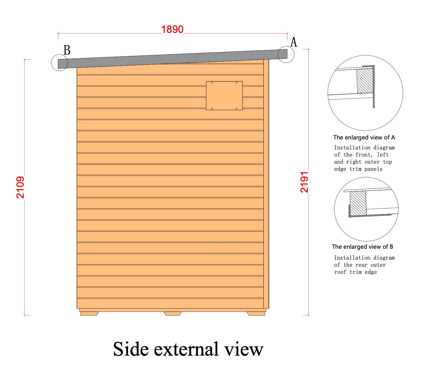 Swell Black Eco 4 outdoor sauna side elevation – 1890 mm deep with sloped roof dimensions