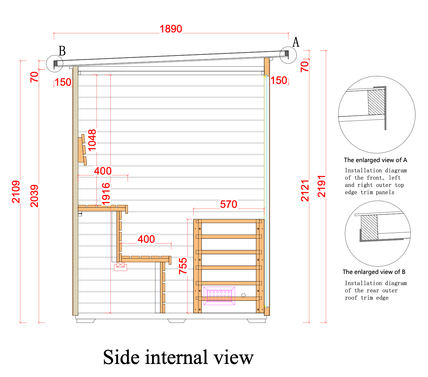Swell Black Eco 4 outdoor sauna internal side section – sloped roof and two-tier bench dimensions