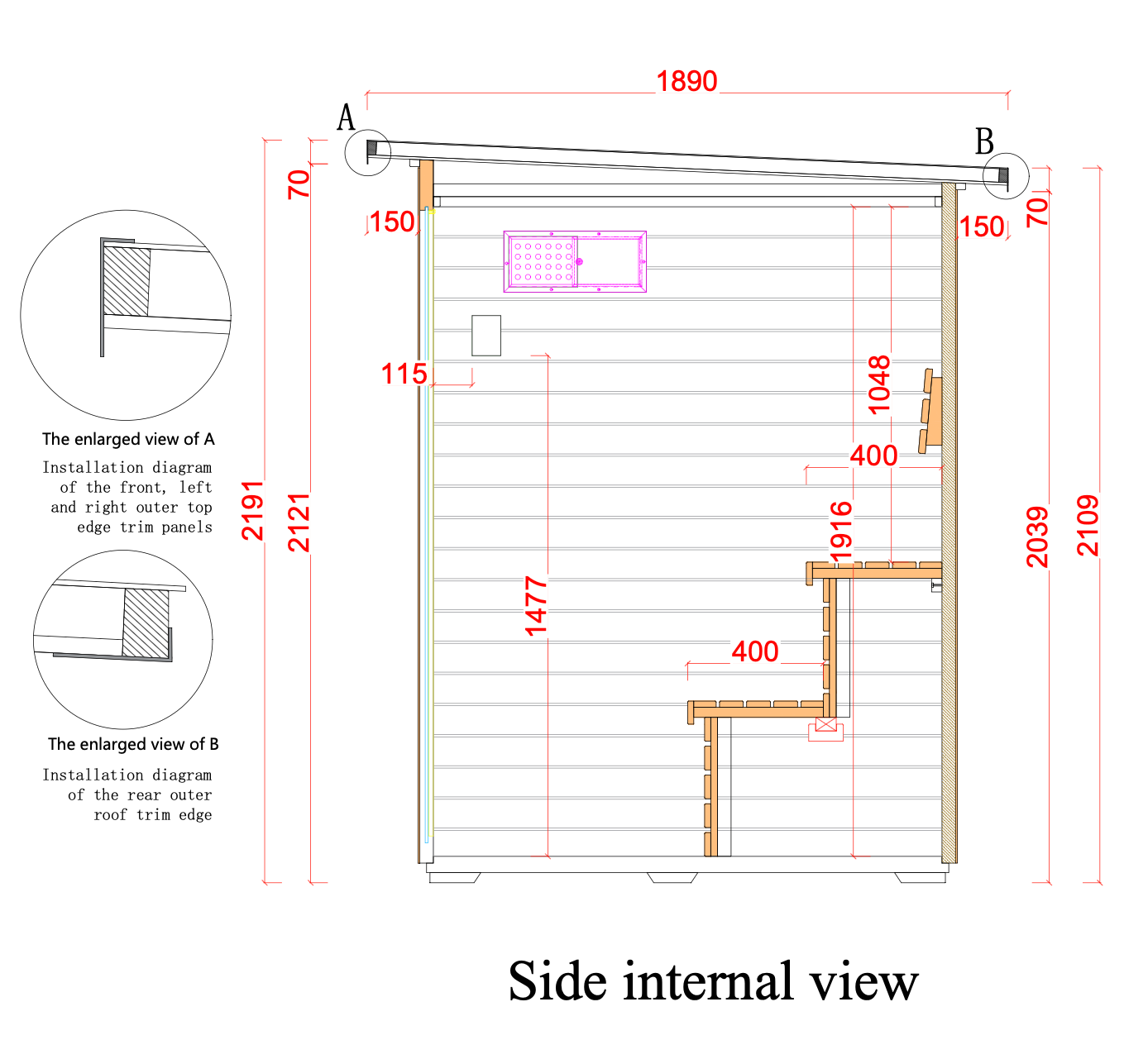 Swell Black Eco 4 outdoor sauna second internal section – bench, roof and trim measurements