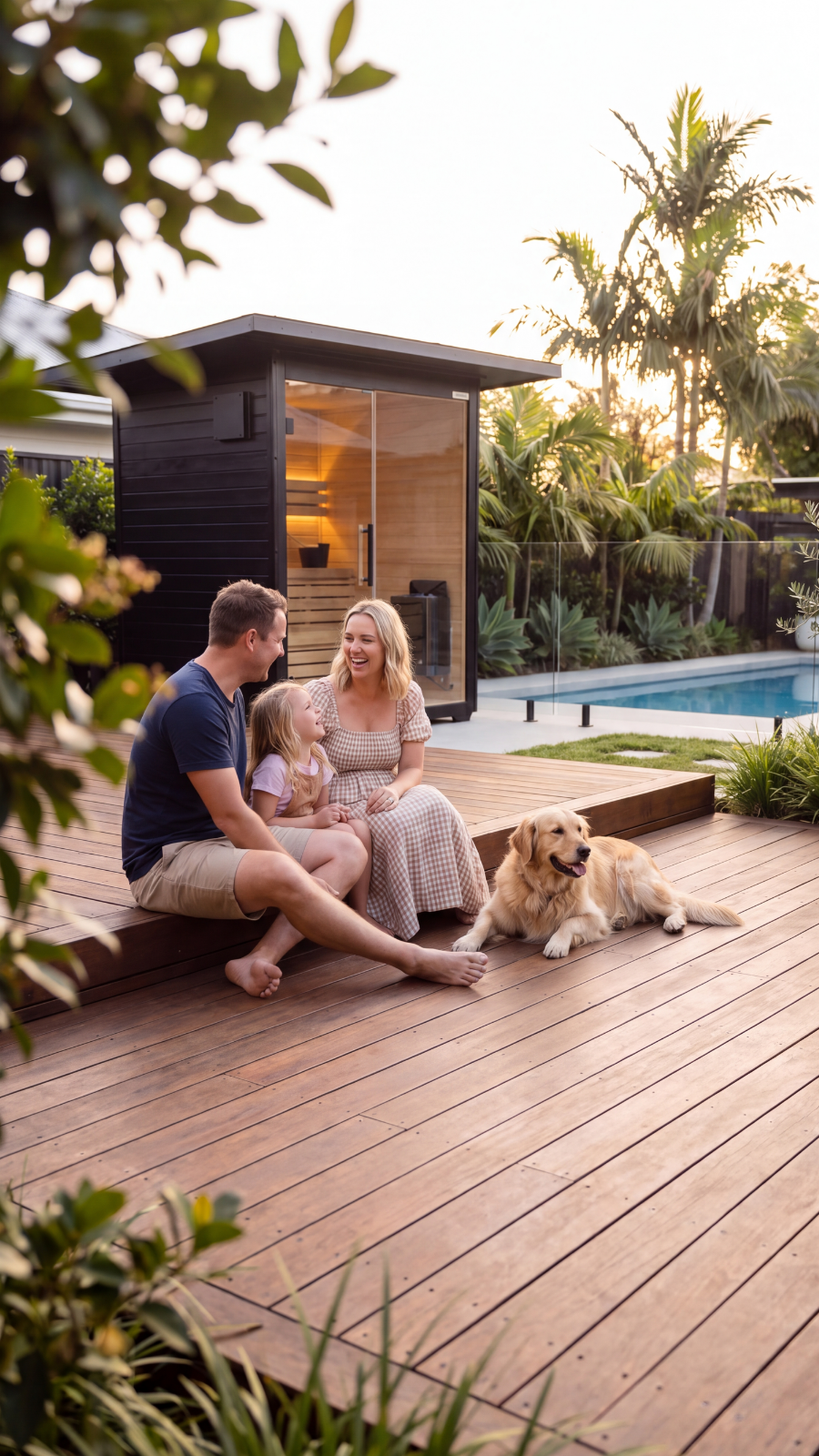 Mobile hero image of a Swell outdoor sauna and pool for Australian family wellness