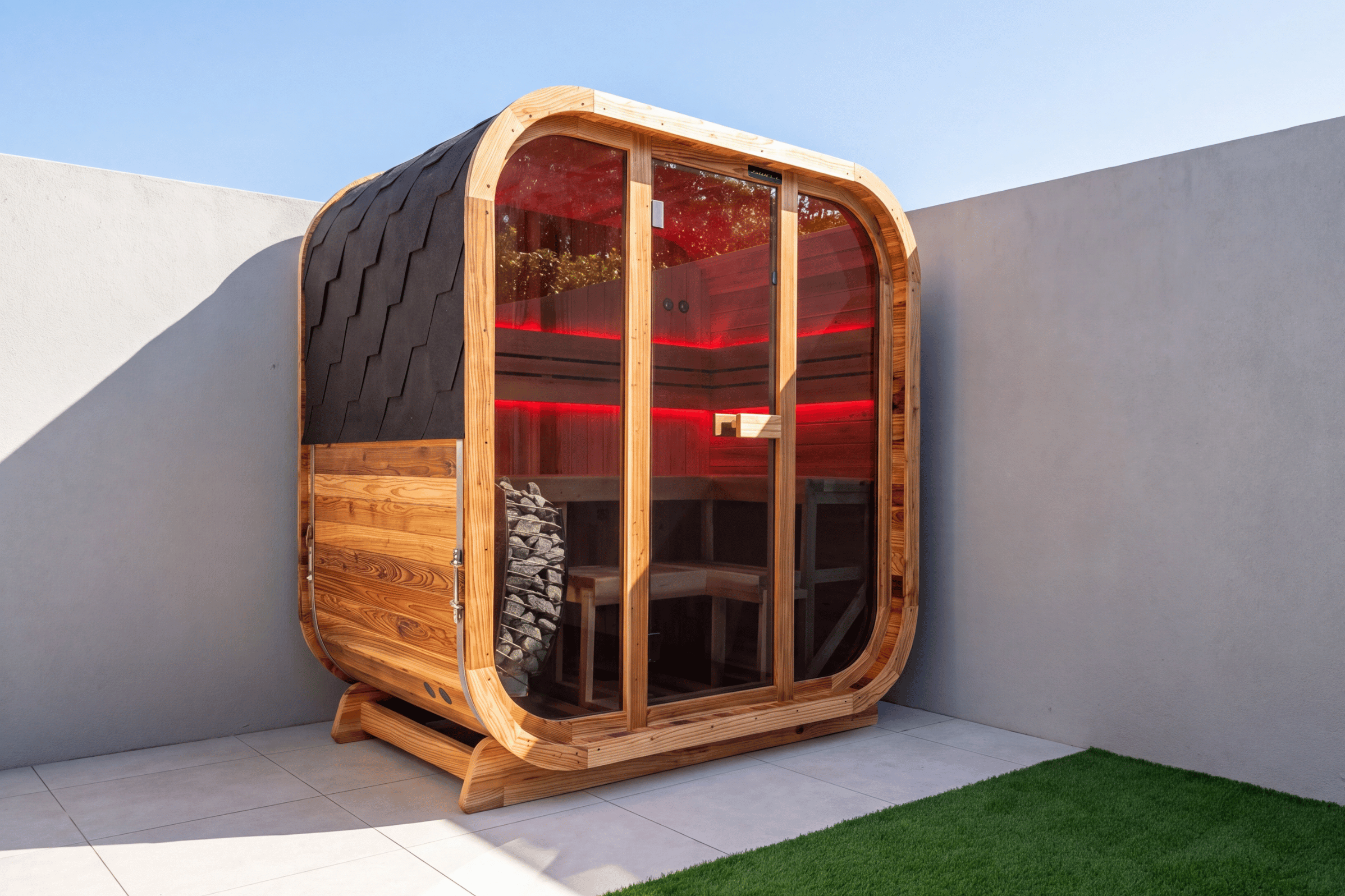 Swell Cedar Cube 4 outdoor sauna with red interior lighting on a paved courtyard base