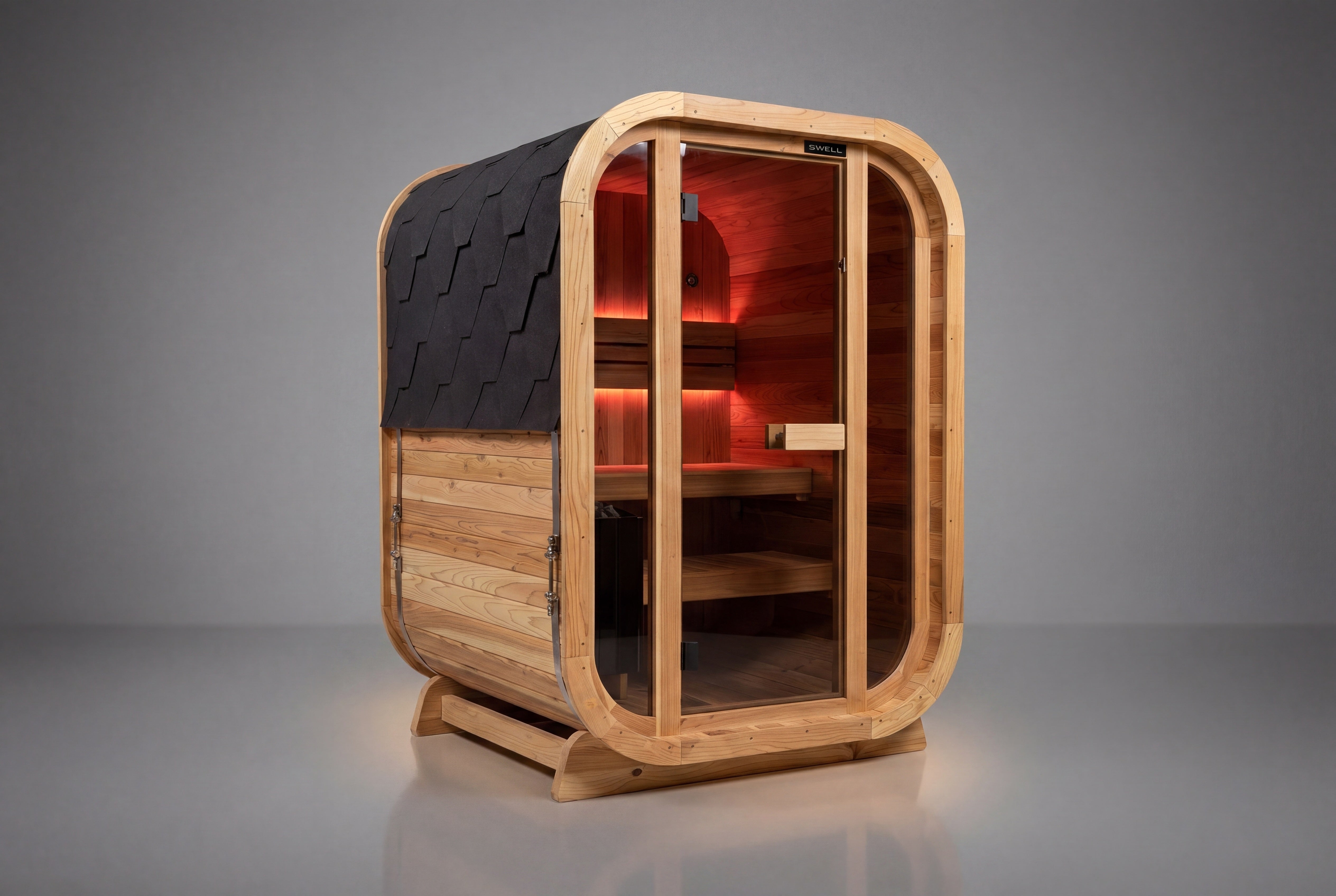 Swell Cedar Cube 2 outdoor sauna for two people in premium backyard cedar sauna setting