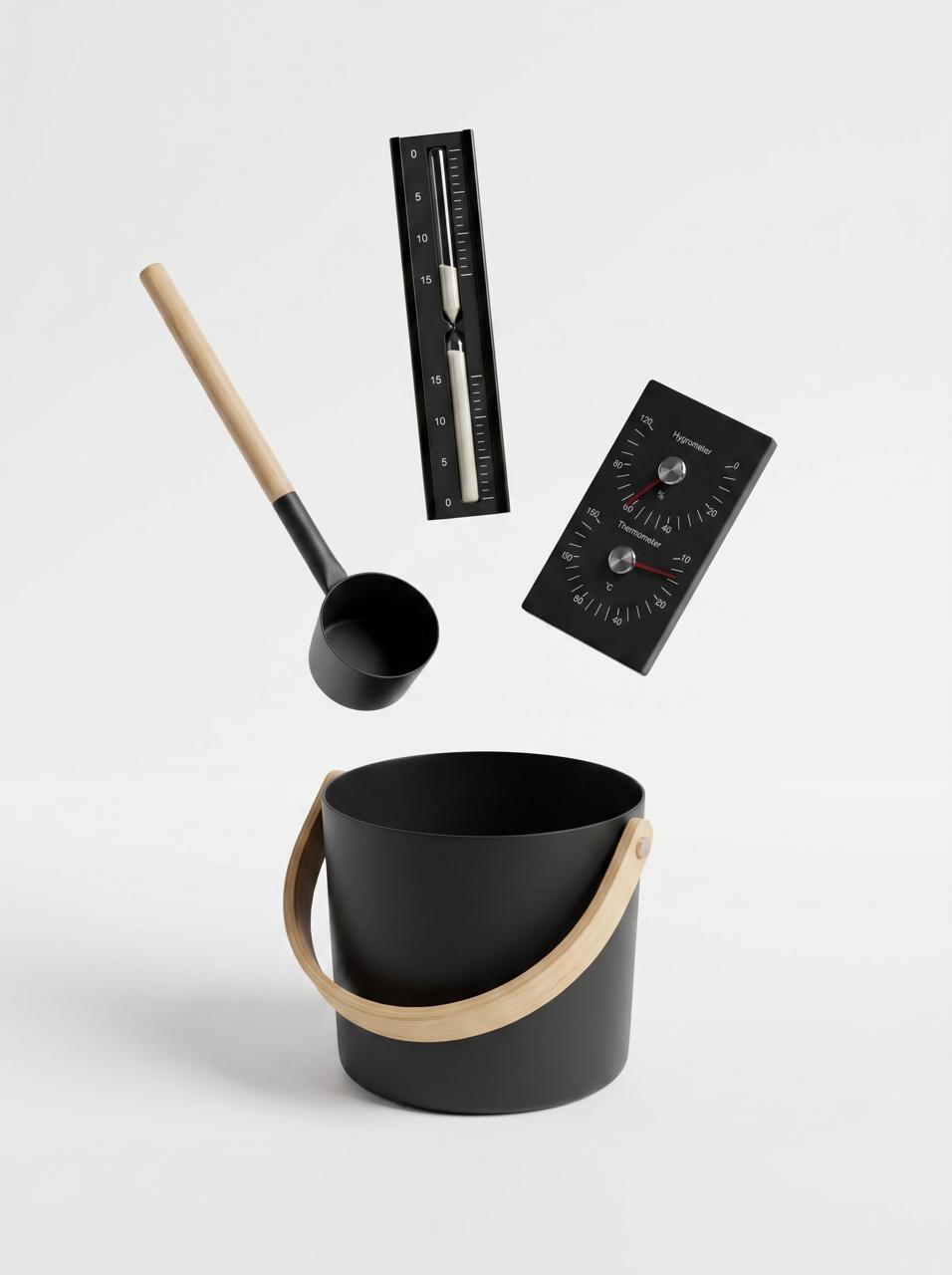 Pro Sauna Accessories Kit (Metal Bucket, Metal Ladle, Thermometer & Sand Timer)