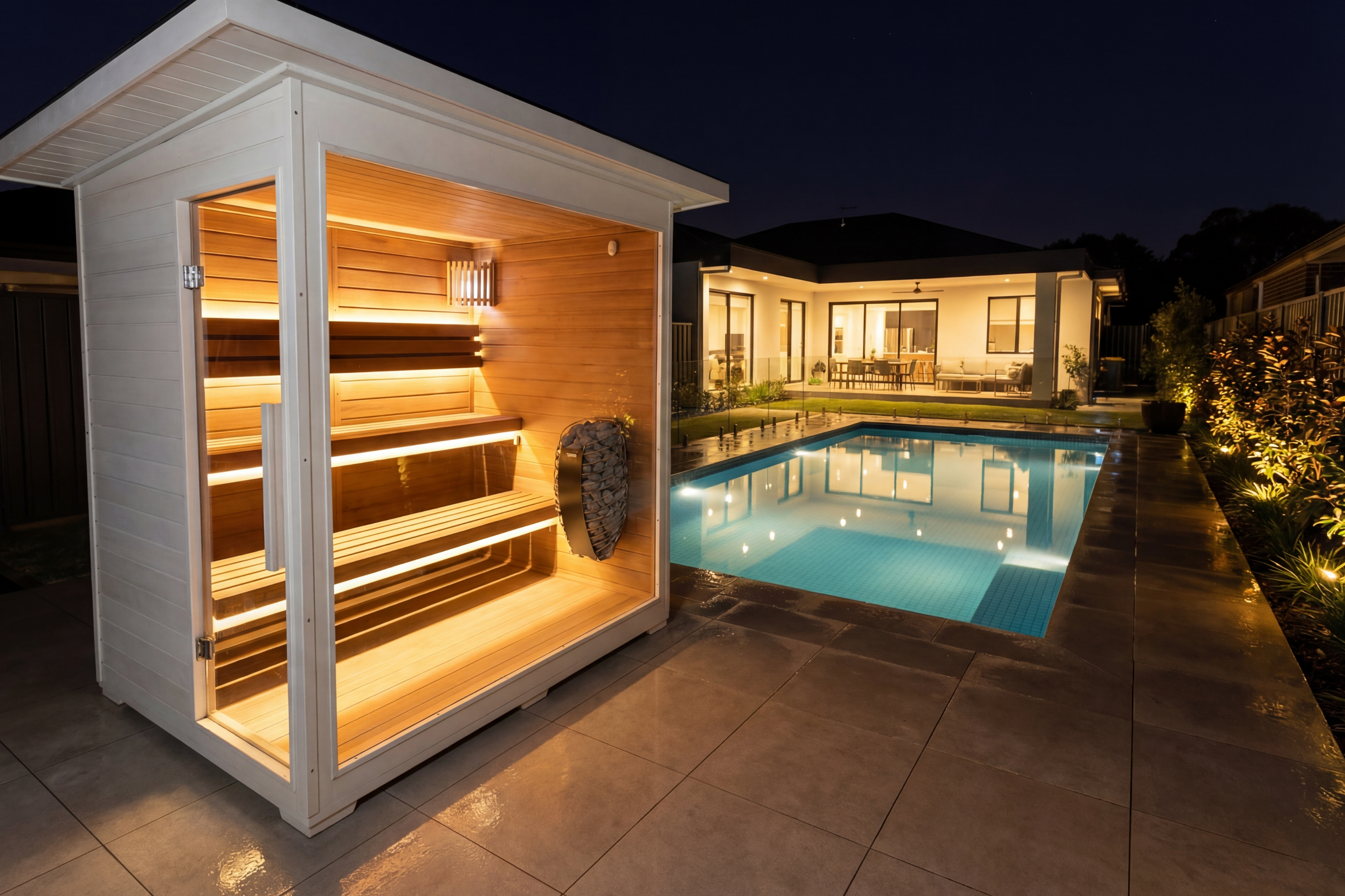 Swell White Retreat 4 4-person retreat sauna - night lifestyle, luxury - 4-person luxury sauna