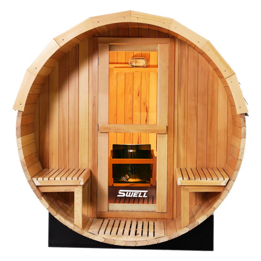 SWELL BARREL 6 - HELMLOCK WOOD OUTDOOR SAUNA WITH FRONT PORCH FOR SIX